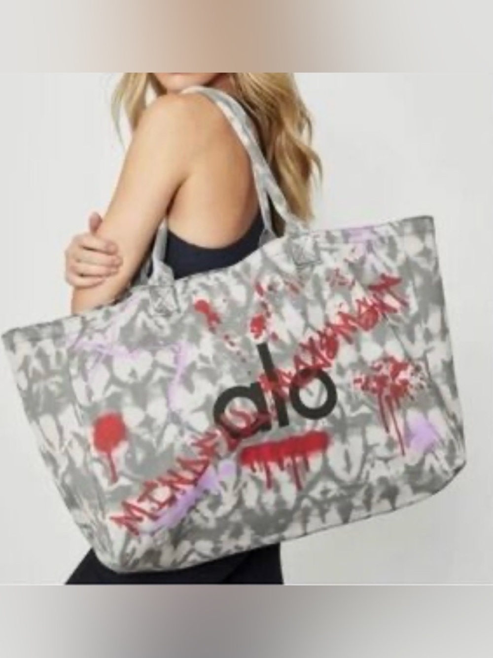 ALO Yoga Limited Edition Graffiti Tie Dye Grey Canvas Tote XL NWT